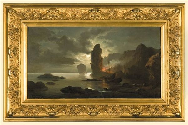 Rocky Coast At Night Oil Painting by Viktor Adam Malinovsky