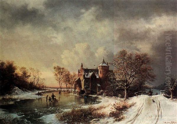 Winter Landscape With Skaters Oil Painting by Viktor Adam Malinovsky