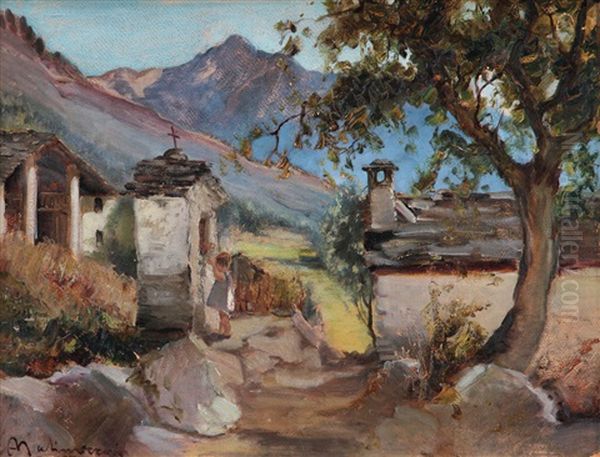 Paesaggio Montano Con Bimba All'edicola Oil Painting by Angelo Malinverni