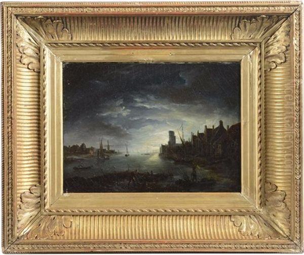 Le Port Au Clair De Lune Oil Painting by Louis Claude Mallebranche