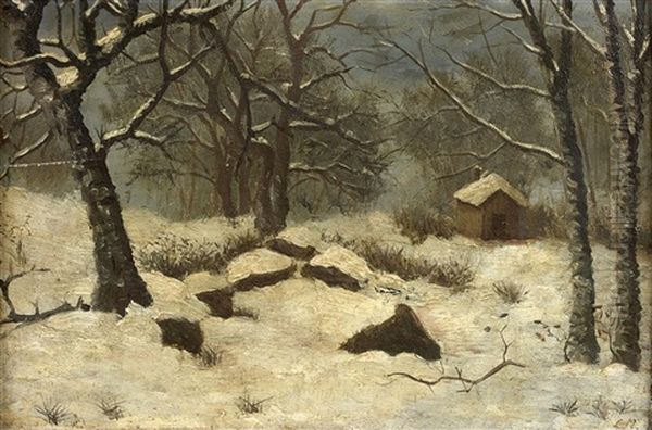 Cabanes Sous La Neige Oil Painting by Louis Claude Mallebranche