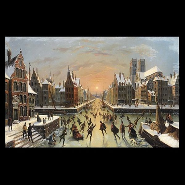 Skating Scene Oil Painting by Louis Claude Mallebranche