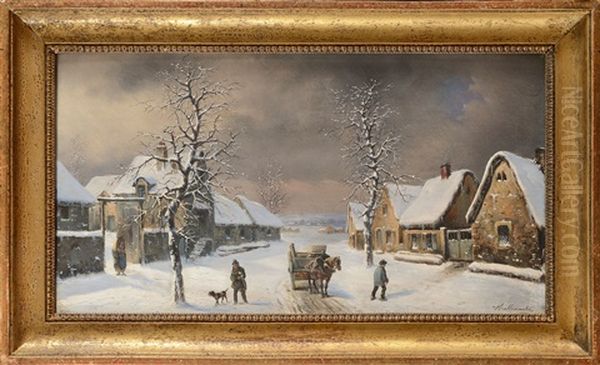 Village Sous La Neige Oil Painting by Louis Claude Mallebranche