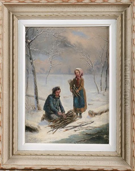 Les Petits Ramasseurs De Fagots Sous La Neige Oil Painting by Louis Claude Mallebranche