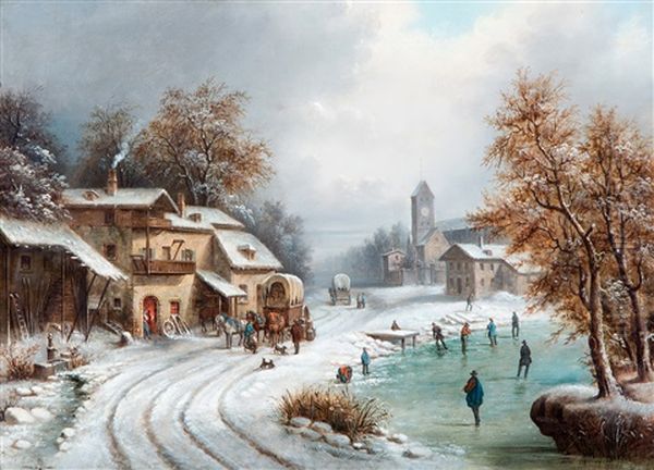 Winters Dorpstafereel Met Schaatsers En Figuren Bij Een Huifkar Oil Painting by Louis Claude Mallebranche