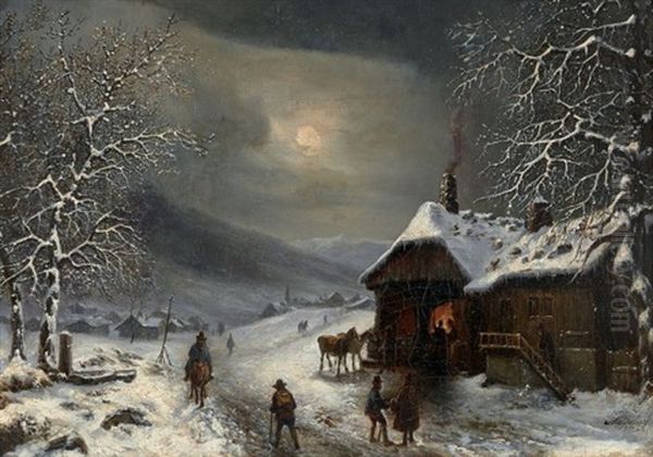 Halte Nocturne De Voyageurs Dans Un Paysage De Neige Oil Painting by Louis Claude Mallebranche