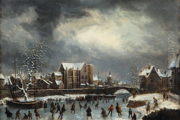 Schlittschuhlaufer Auf Zugefrorenem Fluss In Einer Franzosischen Stadt Oil Painting by Louis Claude Mallebranche