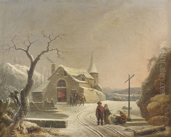 Paysage D'hiver, Cavalier Devant La Porte D'une Forge Et Couple Faisant L'aumone Oil Painting by Louis Claude Mallebranche