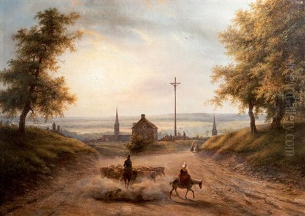 Vue Animee De La Route De La Delivrande, Caen Oil Painting by Louis Claude Mallebranche