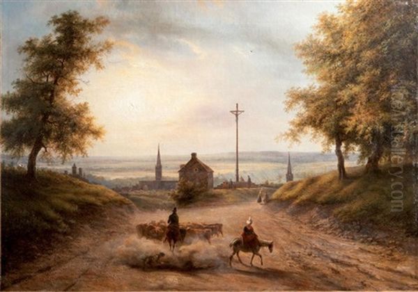 Vue Animee De La Route De La Delivrande, Caen Oil Painting by Louis Claude Mallebranche