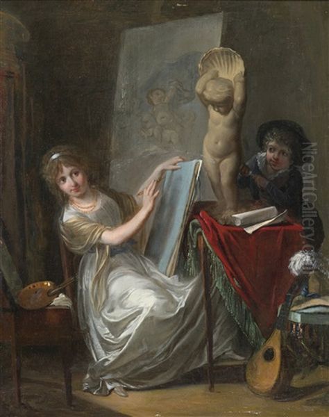 A Studio Interior With A Young Woman Painting Oil Painting by Jean-Baptiste Mallet