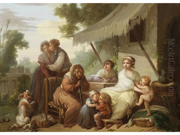 A Family Gathering Oil Painting by Jean-Baptiste Mallet