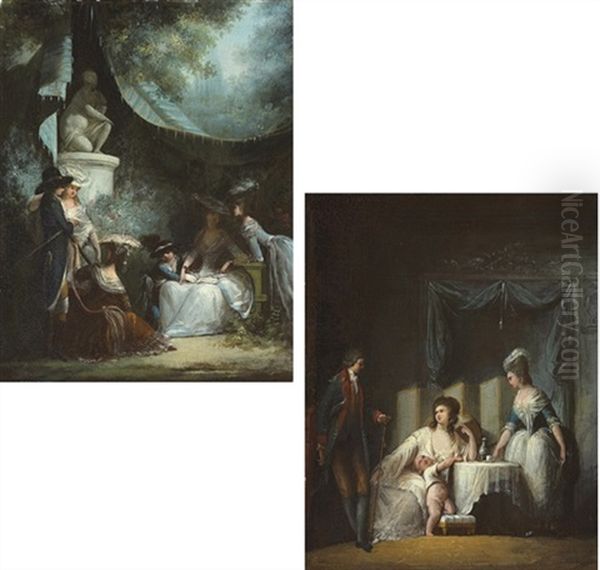 Elegant Figures In A Park (+ A Surprise Visit; Pair) Oil Painting by Jean-Baptiste Mallet