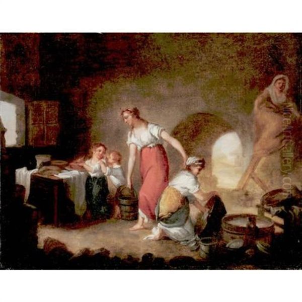 Young Mother And Her Children In A Kitchen Interior Oil Painting by Jean-Baptiste Mallet