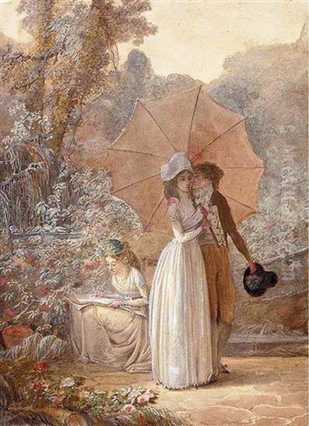 A Couple Embracing Under A Parasol While A Girl Sketches In The Garden Beyond Oil Painting by Jean-Baptiste Mallet