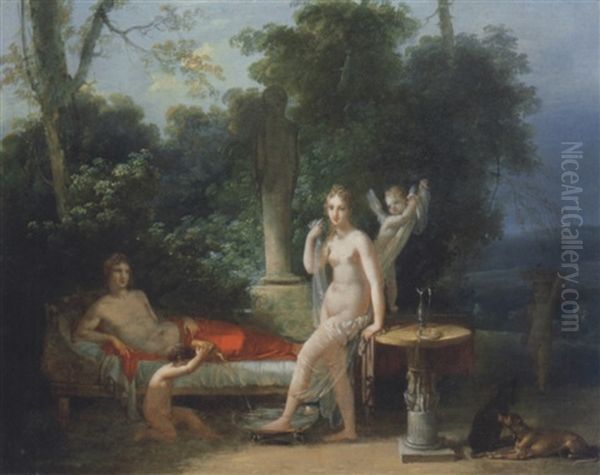 Une Jeune Couple Et Des Amours Dans Un Paysage Oil Painting by Jean-Baptiste Mallet