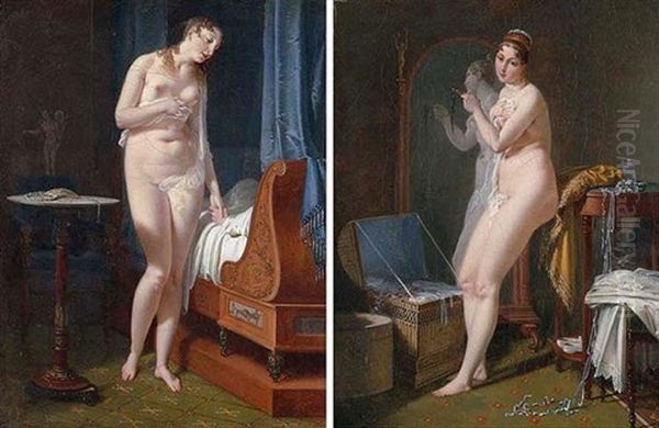 La Veille Du Mariage: A Nude Woman Standing By A Bedridden Man Oil Painting by Jean-Baptiste Mallet