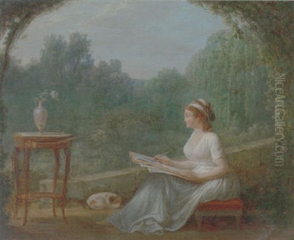 A Lady Drawing A Vase Of Flowers, A Wooded Landscape Beyond Oil Painting by Jean-Baptiste Mallet