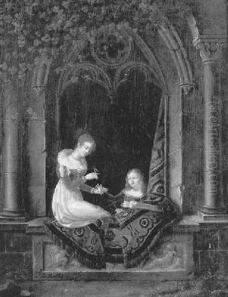 Jeune Femme Et Enfant Au Balcon Oil Painting by Jean-Baptiste Mallet