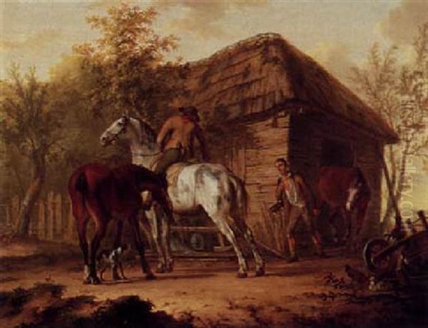 Two Men Leading Horses Out Of A Stable Oil Painting by Gerrit Malleyn