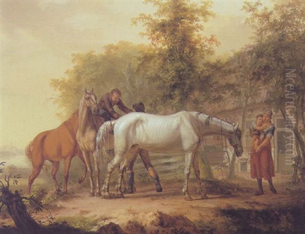 Horses In Front Of A Farm Oil Painting by Gerrit Malleyn