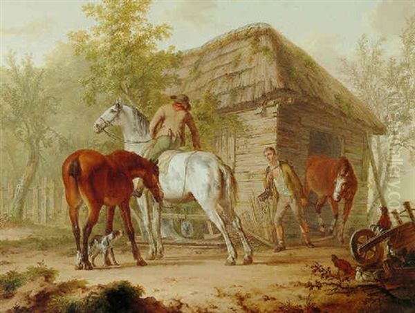 Two Men Leading Horses Out Of A Stable Oil Painting by Gerrit Malleyn