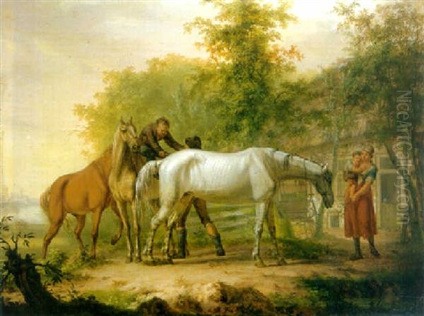 A Peasant Helping His Son Dismount From A Horse, Other Horses Nearby, A Mother And Child Looking On, On A Farm Beyond Oil Painting by Gerrit Malleyn