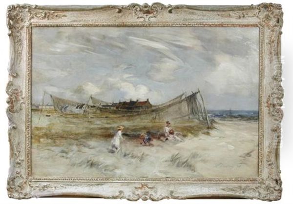 Children Playing By Drying Nets, Carnoustie Beach Oil Painting by Stirling Malloch