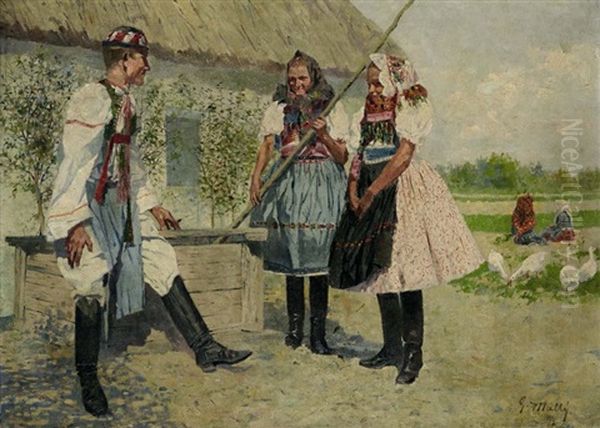 Zwei Madchen Und Ein Bursche In Tracht Vor Dem Bauernhaus by Gustav Mally