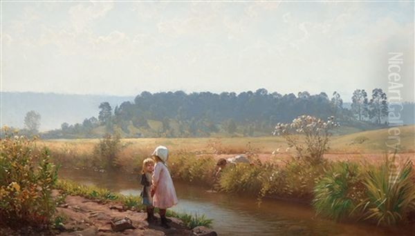 Barn Lekande Vid An (children Playing By The Stream) Oil Painting by August Malmstroem