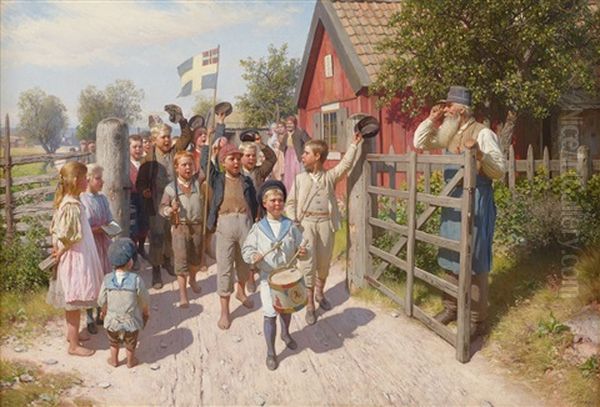 Det Gamla Och Det Unga Sverige - Sommarmotiv Fran Rotebro Oil Painting by August Malmstroem