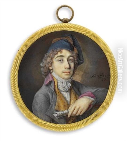 A Gentleman, In Grey Coat With Purple Lining, Yellow And Blue Waistcoat, White And Blue Tied Cravat Oil Painting by Jan Malpe