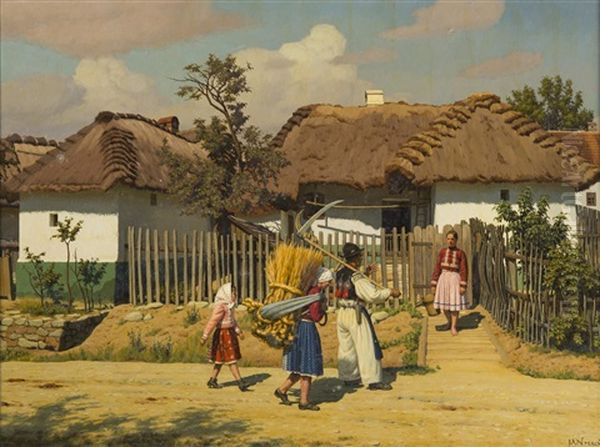 Meeting In Front Of A Cottage Oil Painting by Jan Maly