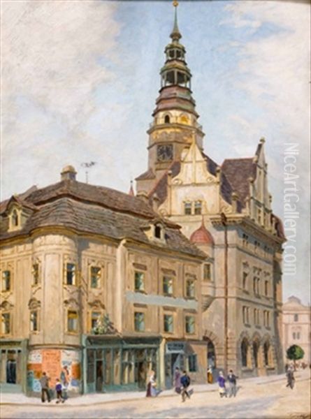 Troppau - Das Rathaus - (das Schmetterhaus In Troppau) Oil Painting by Vaclav Maly