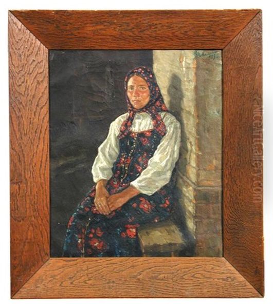 Study Of A Russian Peasant Girl In Floral Scarf And Dress Oil Painting by Filip Malyavin