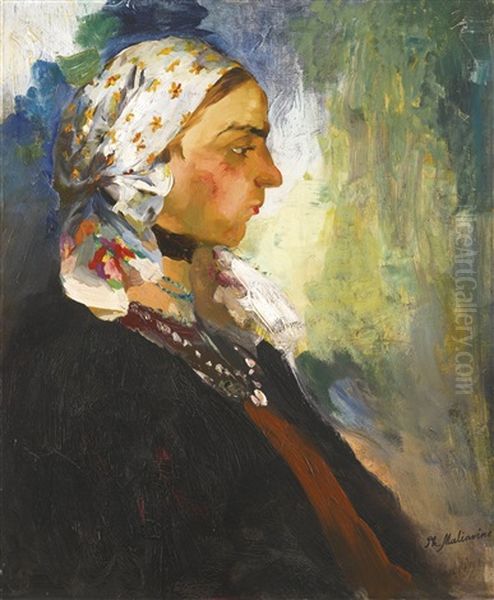 Peasant Woman In A White Headscarf Oil Painting by Filip Malyavin