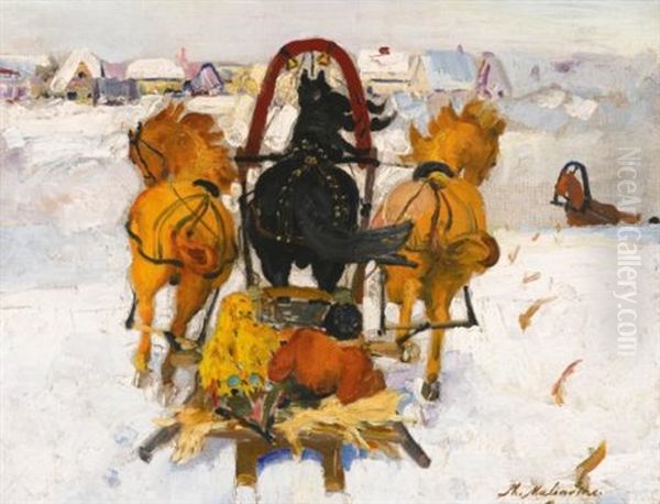 Troika In The Snow Oil Painting by Filip Malyavin