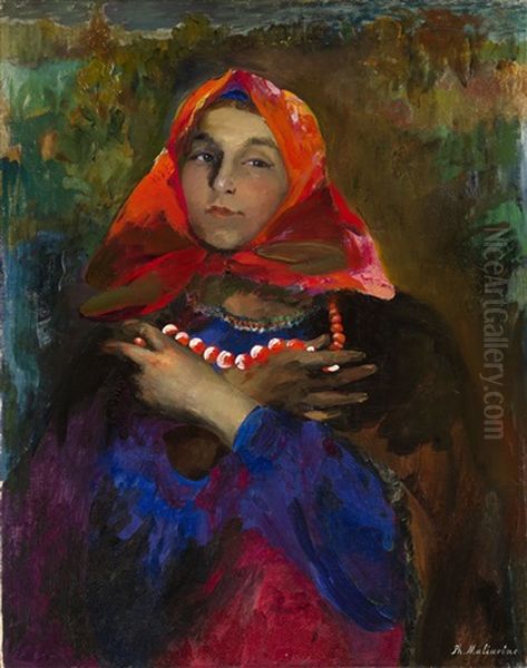 Russian Maiden In A Red Headscarf Oil Painting by Filip Malyavin