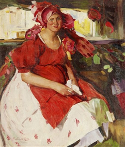 Woman In A Red Dress Oil Painting by Filip Malyavin