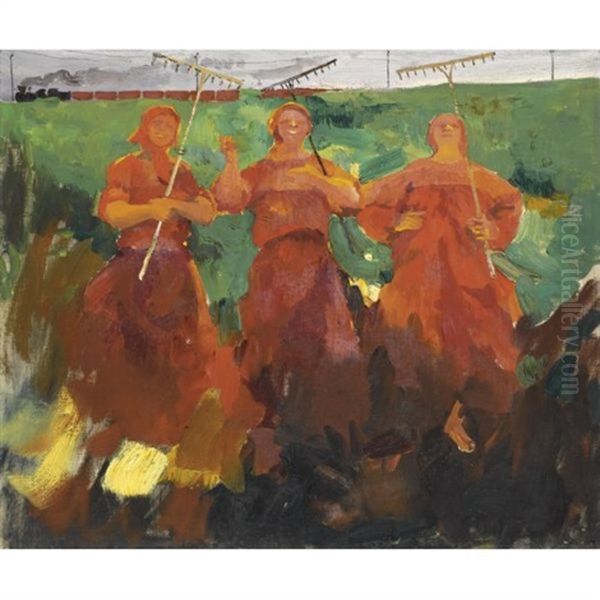 Three Peasants With Rakes Oil Painting by Filip Malyavin