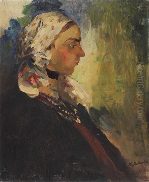 Portrait Of A Peasant Woman In A White Scarf Oil Painting by Filip Malyavin