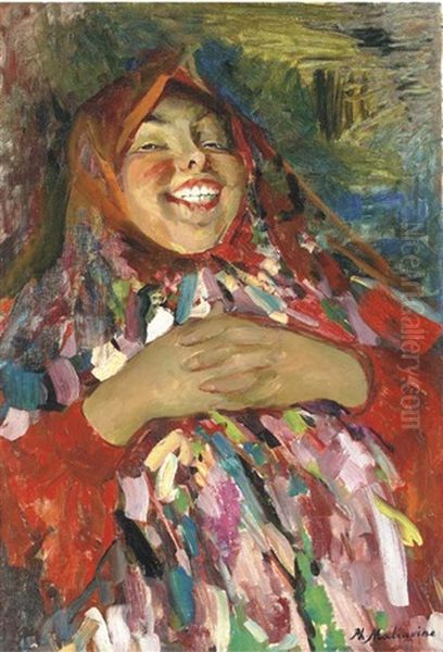 A Laughing Peasant Woman Oil Painting by Filip Malyavin