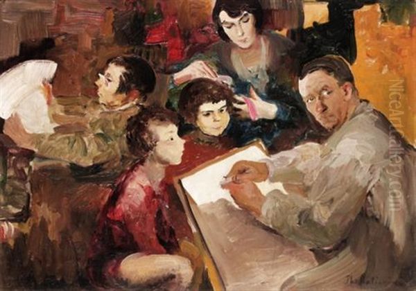 Self Portrait Of The Artist With His Family Oil Painting by Filip Malyavin