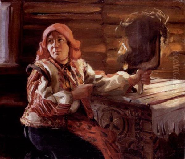 Peasant Woman Spinning By Candlelight Oil Painting by Filip Malyavin