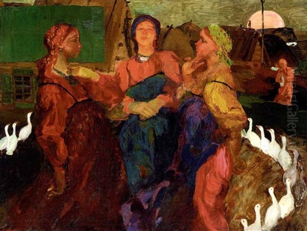 Three Peasant Women In A Farmyard Oil Painting by Filip Malyavin