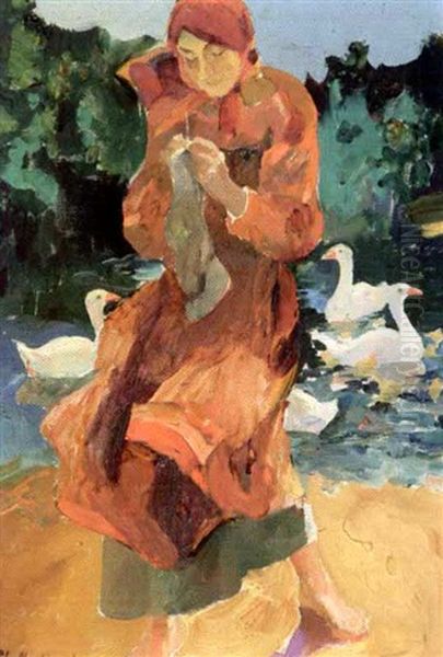 Jeune Paysanne Devant La Mare Aux Oies Oil Painting by Filip Malyavin