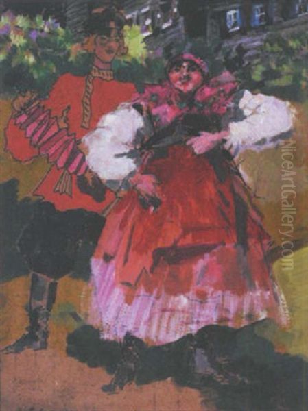 Joueurs D'accordeon Et Danseuse En Tenue Folklorique Oil Painting by Filip Malyavin