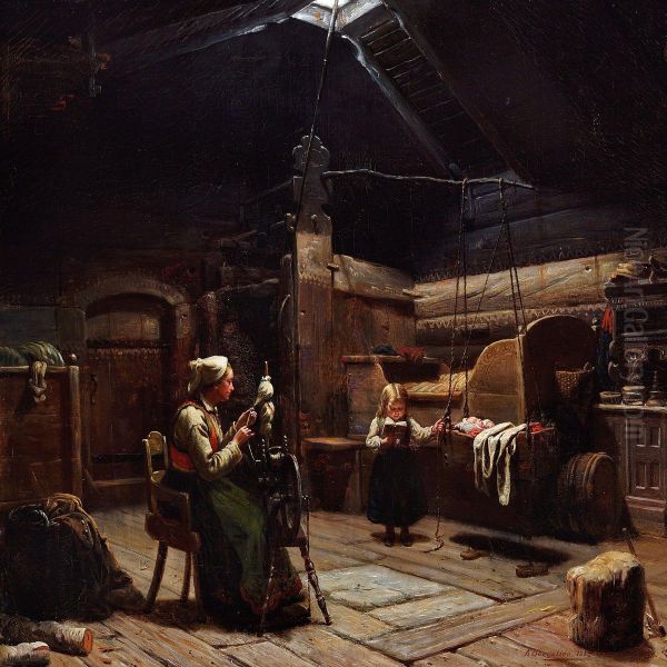 Interior From A Norwegian Oil Painting by Knud Bergslien