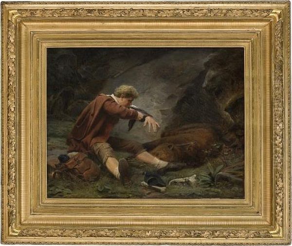 Wounded Bear Hunter Oil Painting by Knud Bergslien