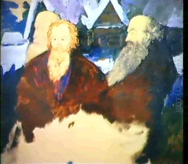 Trois Russes Devant Un Village Enneige Oil Painting by Filip Malyavin